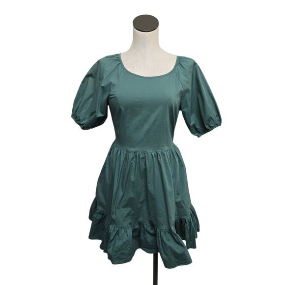 Peter Som Collective Women's Green Puff Sleeve Tiered Dress Open Tie Back Size 4 - Picture 1 of 12